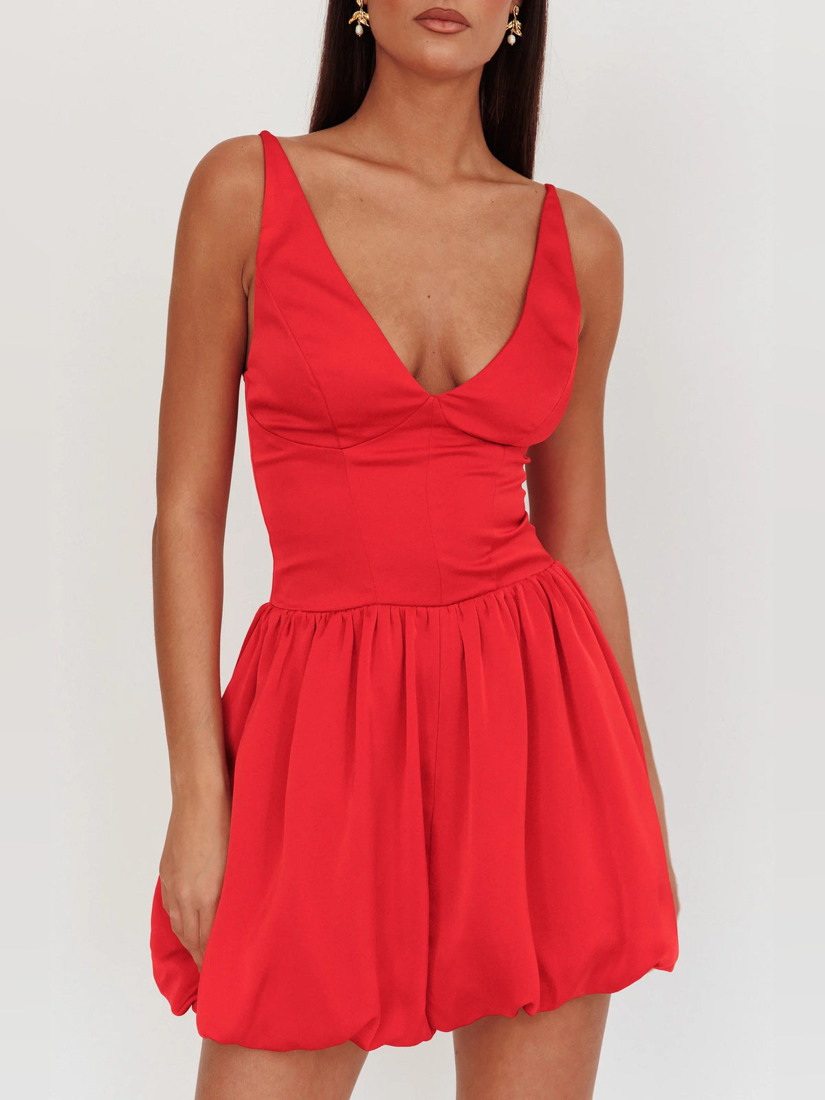 Red mini homecoming dress, alternate view showing the dress shape and hem