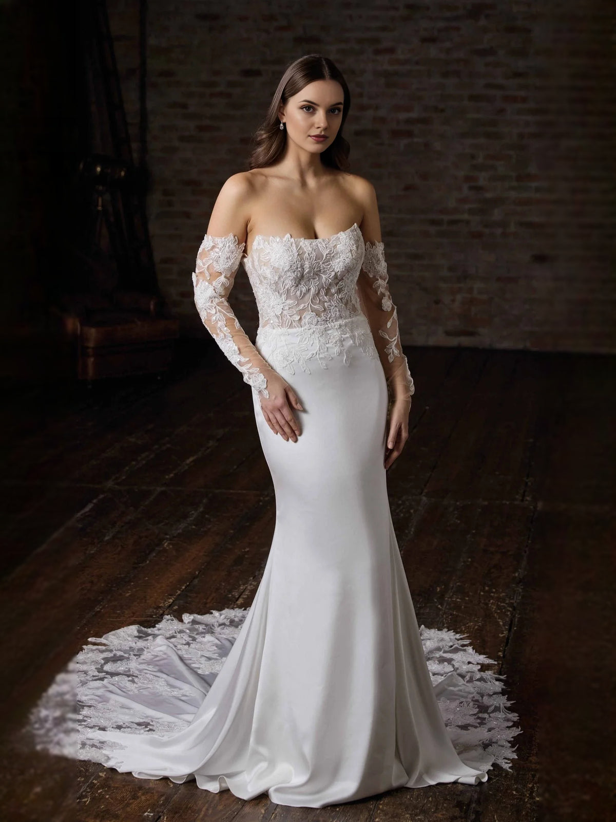 White floor-length wedding dress, alternate view showing the dress shape and hem