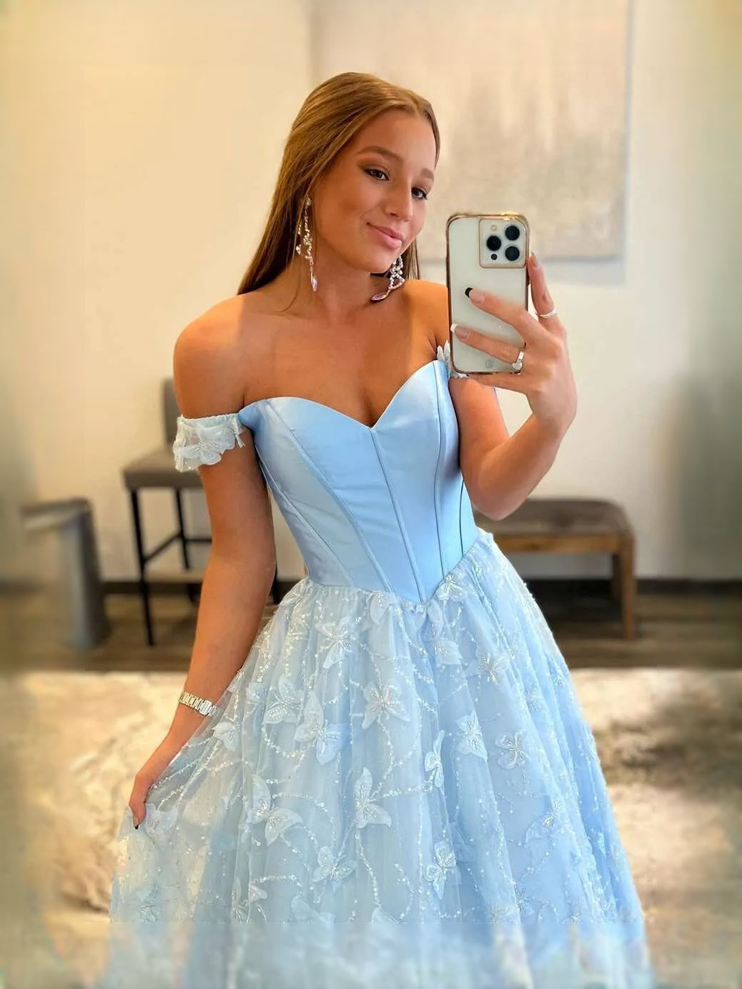 Sky Blue maxi prom dress, back view showing the rear of the dress from another angle