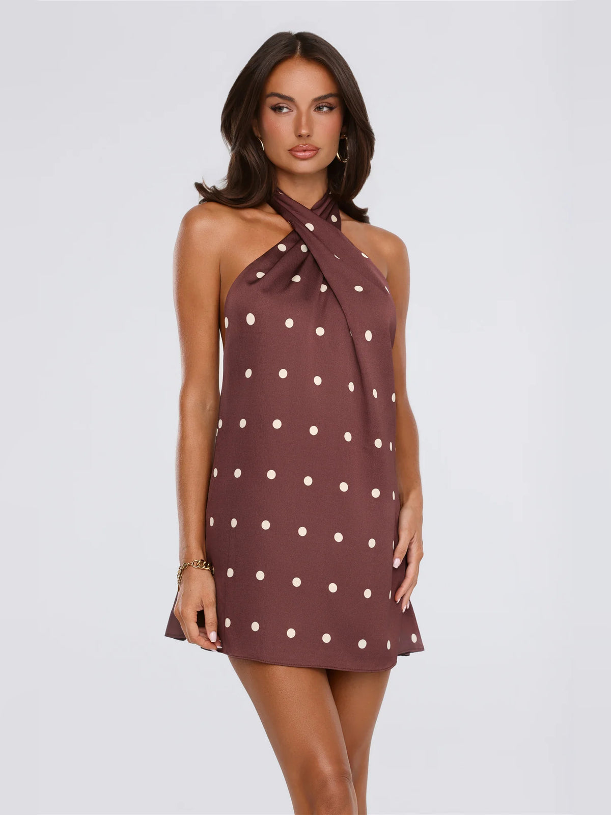 Brown mini homecoming dress, alternate view showing the dress shape and hem