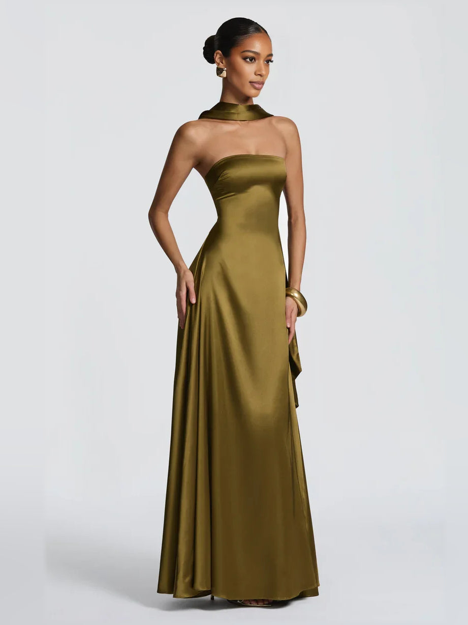 Olive Green a-line floor-length formal dress with draping, alternate view