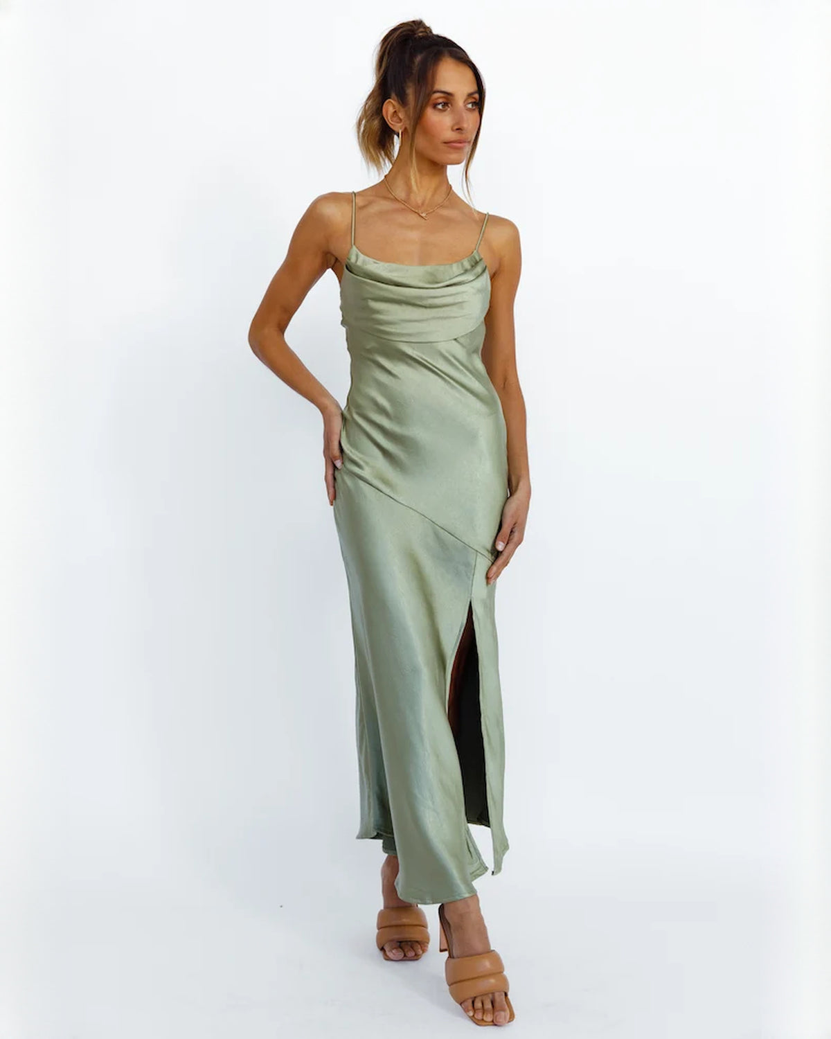 sleeveless satin a-line maxi bridesmaid dress - image 3