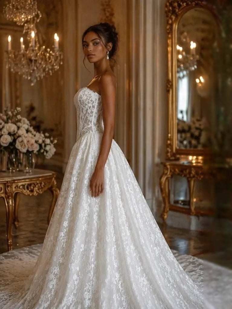 Ivory floor-length wedding dress, alternate view showing the dress shape and hem