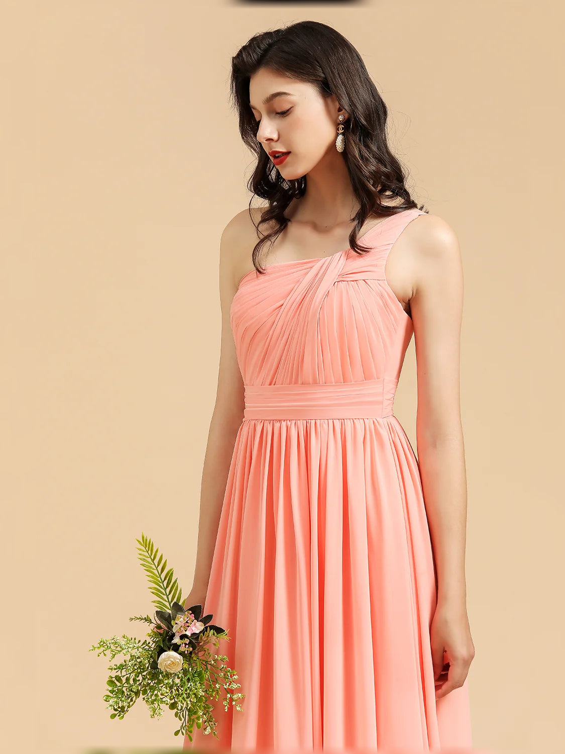 Coral floor-length bridesmaid dress, alternate view showing the dress shape and hem