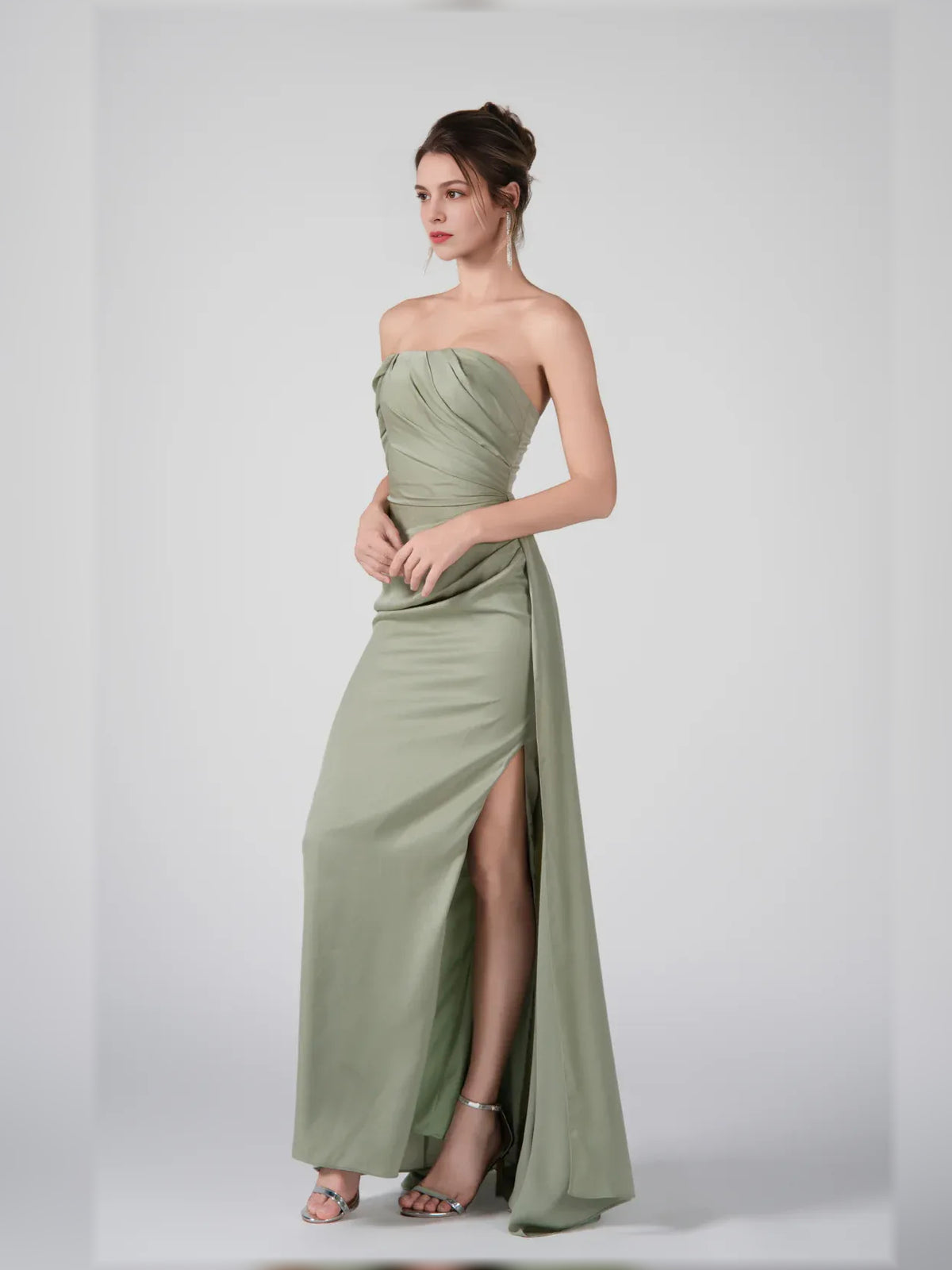 Dusty Sage mermaid maxi formal dress with draping, alternate view