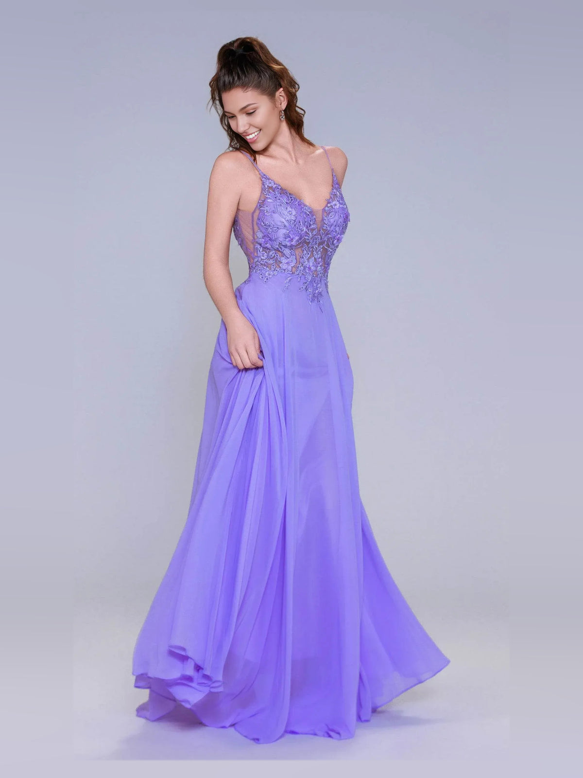 Periwinkle floor-length prom dress, alternate view showing the dress shape and hem