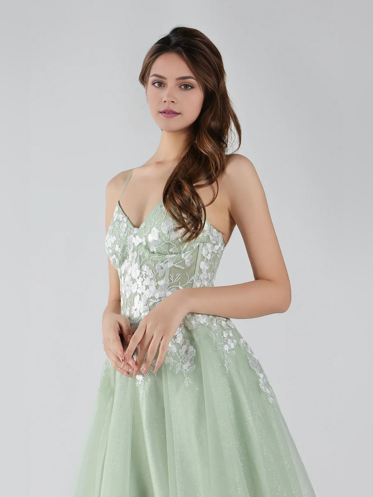 Sage Green mini homecoming dress, alternate view showing the dress shape and hem