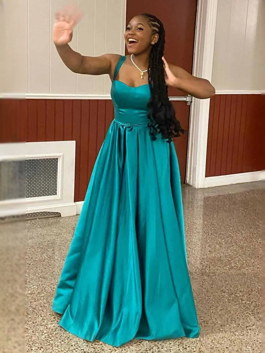 Teal floor-length prom dress, alternate view showing the dress shape and hem