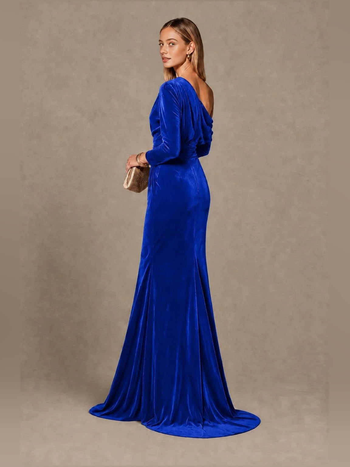 Navy floor-length bridesmaid dress, alternate view showing the dress shape and hem