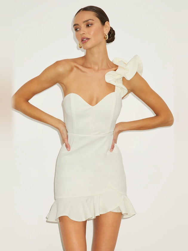 White mini homecoming dress, alternate view showing the dress shape and hem