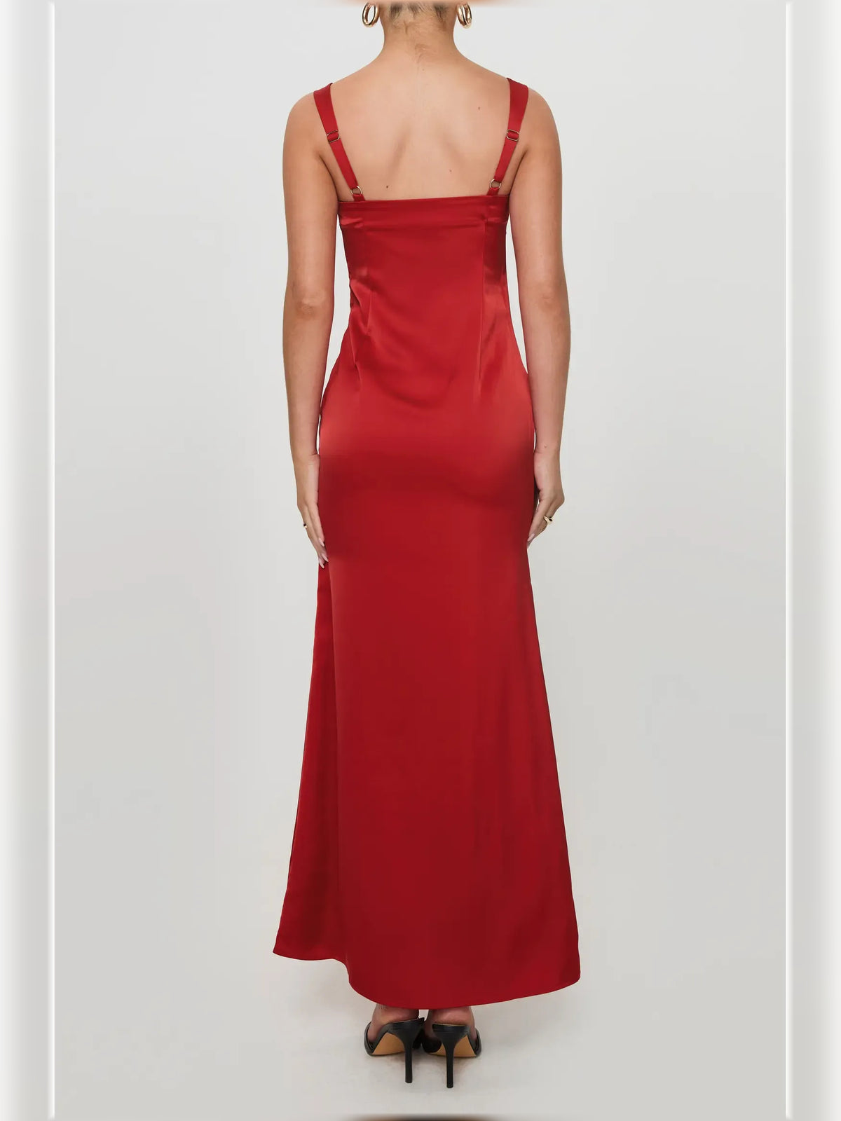 Red midi formal dress with ruching, alternate view