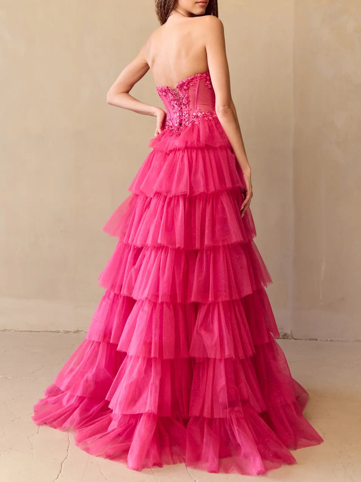 Hot Pink floor-length prom dress, close view of the dress design from another angle