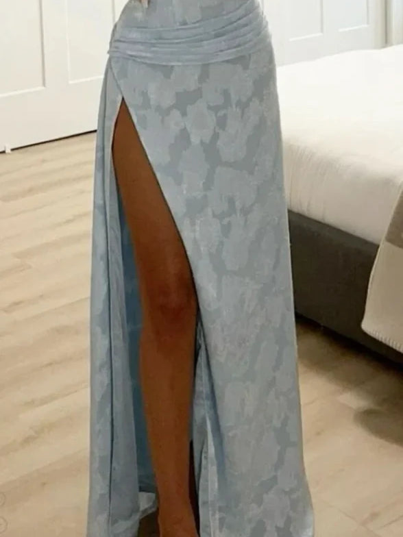 Sky Blue a-line floor-length formal dress with skirt slit, garment detail view