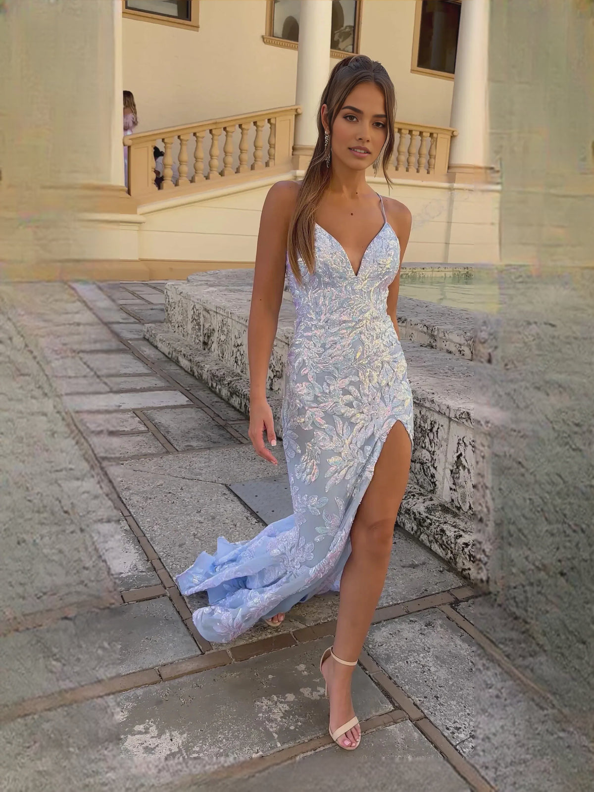 Light Blue sheath floor-length formal dress with embroidery, alternate view