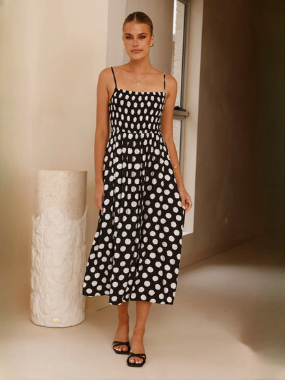 Black White Polka Dot midi formal dress with printed pattern, alternate view showing the bodice