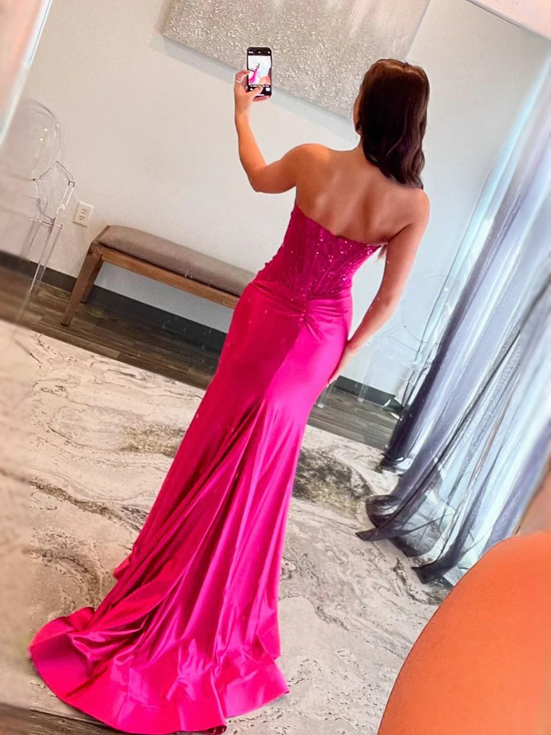 Hot Pink floor-length prom dress, alternate view showing the dress shape and hem