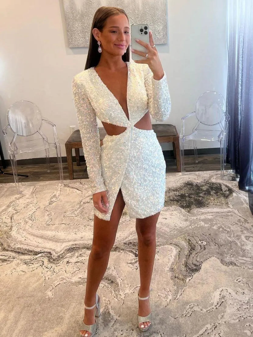 White mini homecoming dress, alternate view showing the dress shape and hem