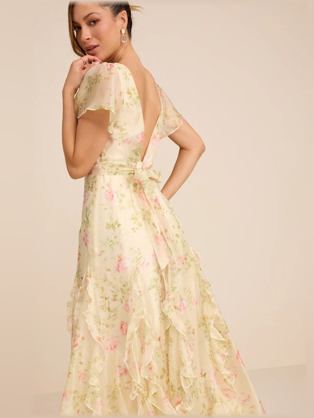 Light Green Floral midi formal dress with floral print, alternate view