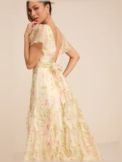 Light Green Floral midi formal dress with floral print, alternate view