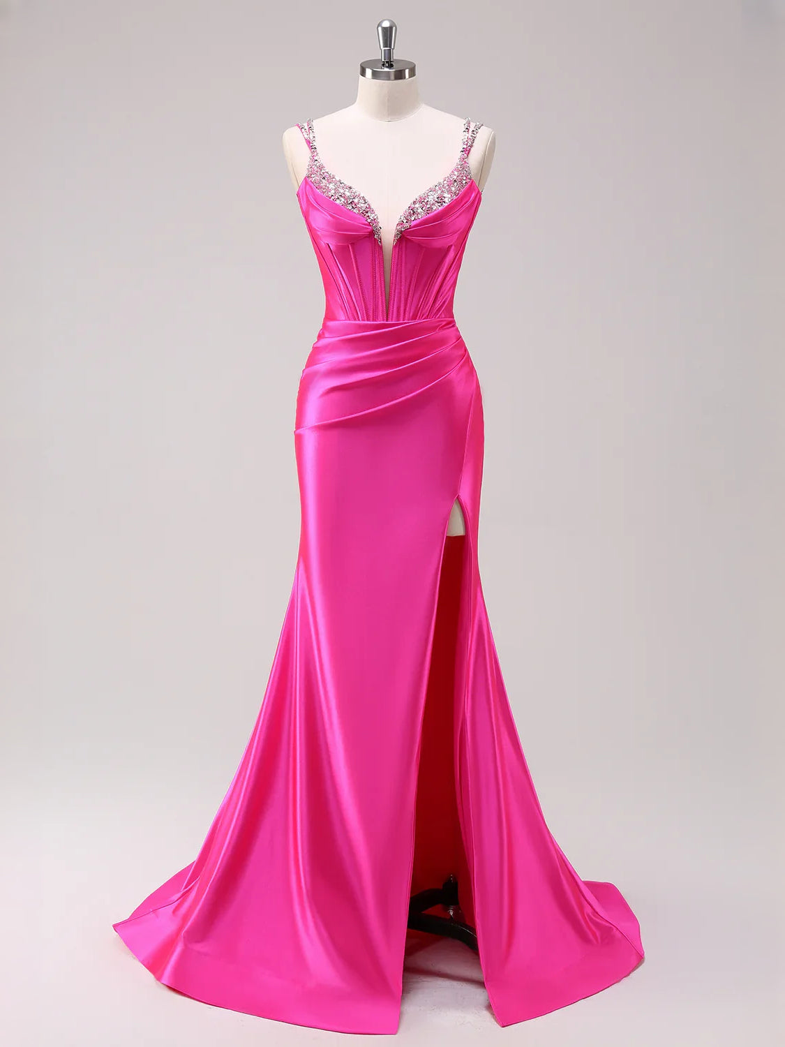 Hot Pink floor-length prom dress, back view showing the rear of the dress from another angle