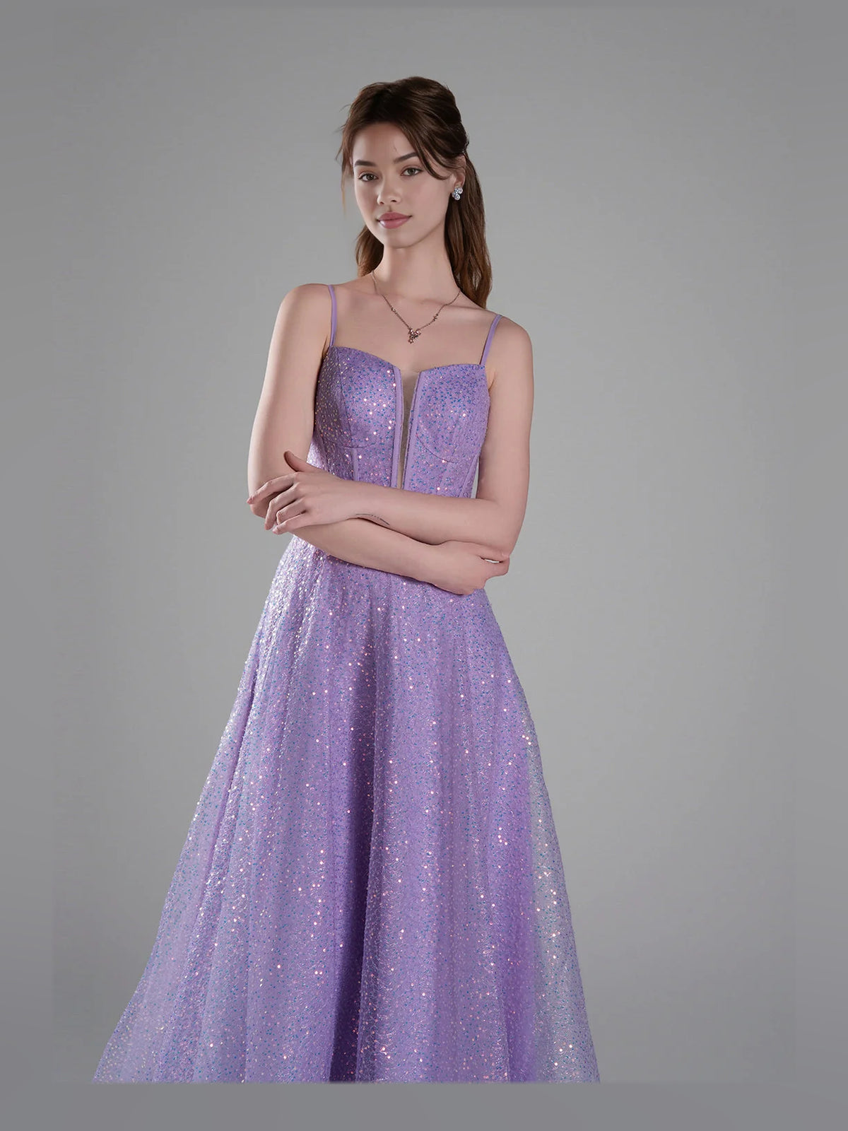 Lilac floor-length prom dress, alternate view showing the dress shape and hem
