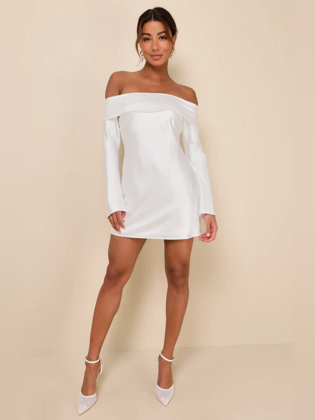 White mini homecoming dress, alternate view showing the dress shape and hem