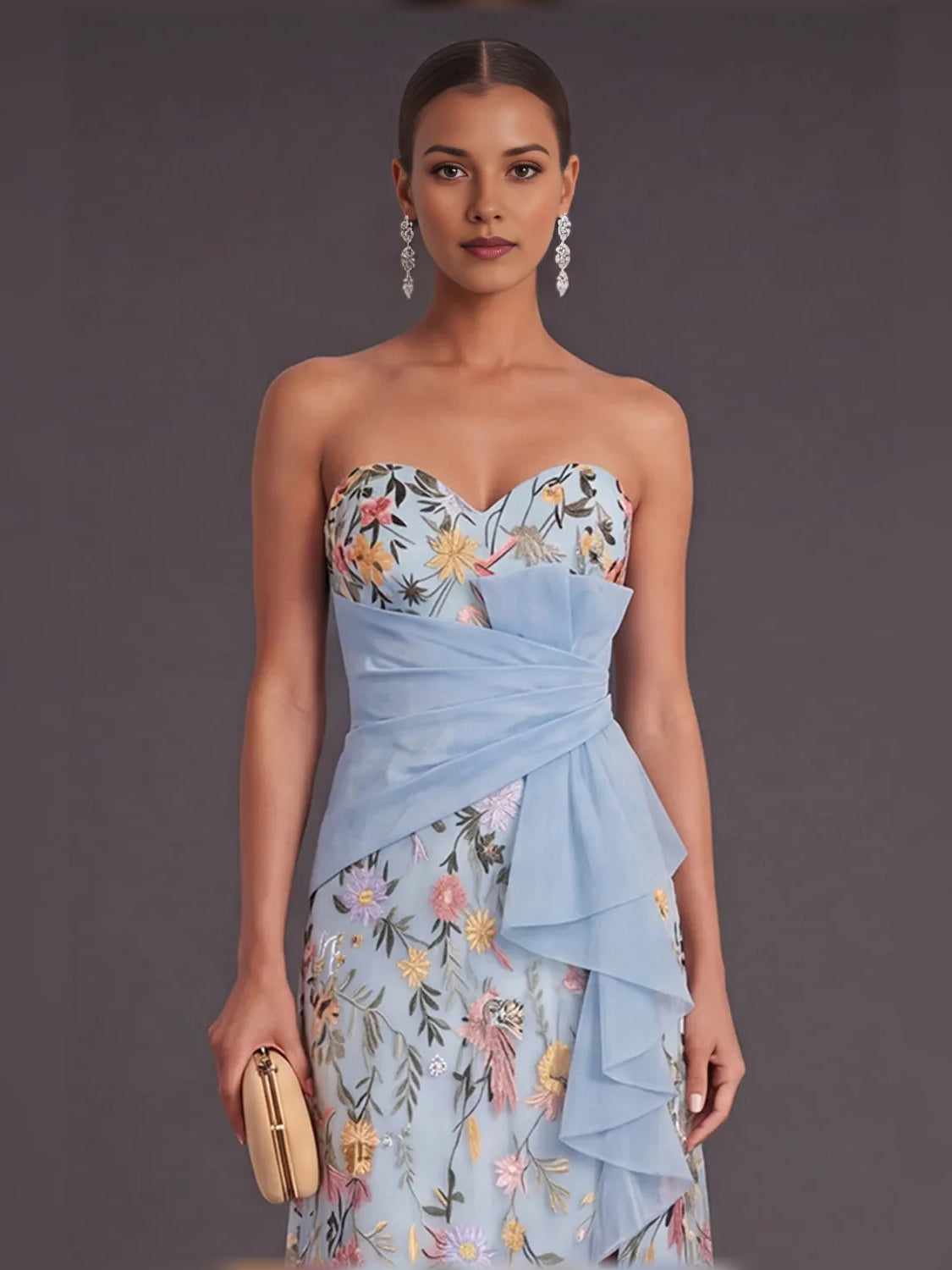 Blue column floor-length formal dress with skirt slit, alternate view