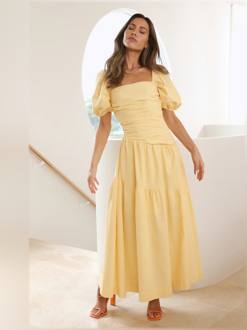 Yellow midi formal dress, alternate view showing the bodice