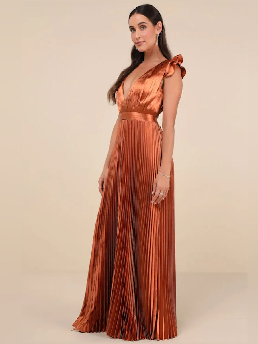 Burnt Orange a-line floor-length formal dress with pleated skirt, alternate view