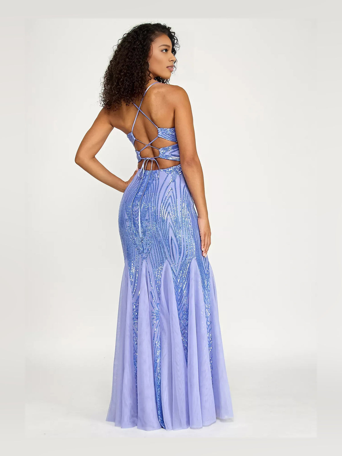 Periwinkle floor-length prom dress, back view showing the rear of the dress from another angle