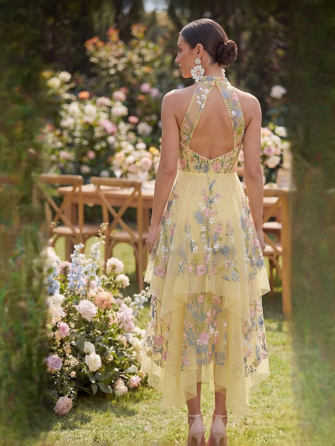 Yellow midi prom dress, alternate view showing the dress shape and hem