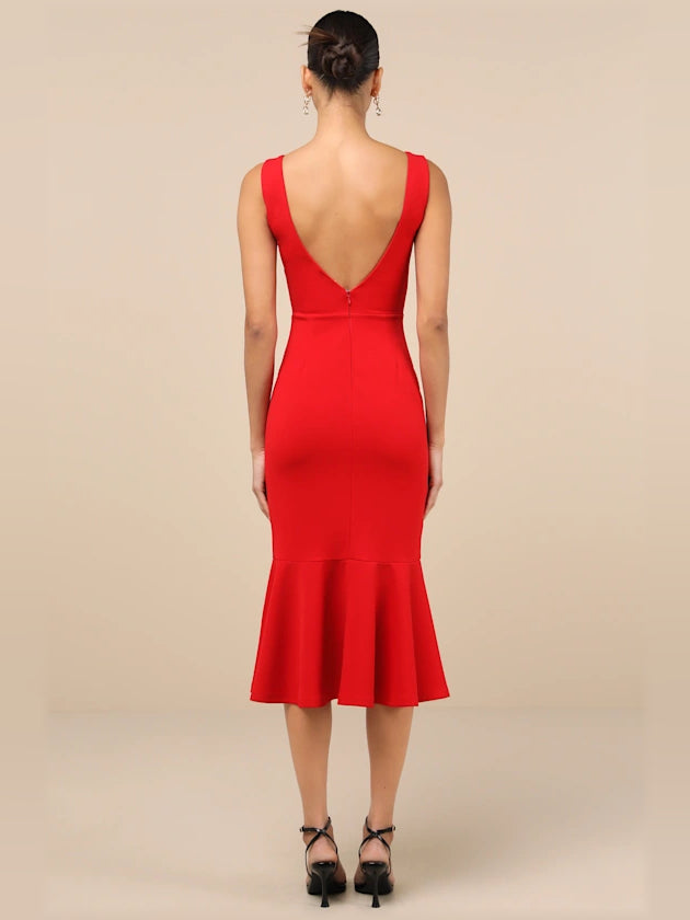 Red midi formal dress with square neckline, alternate view showing the bodice