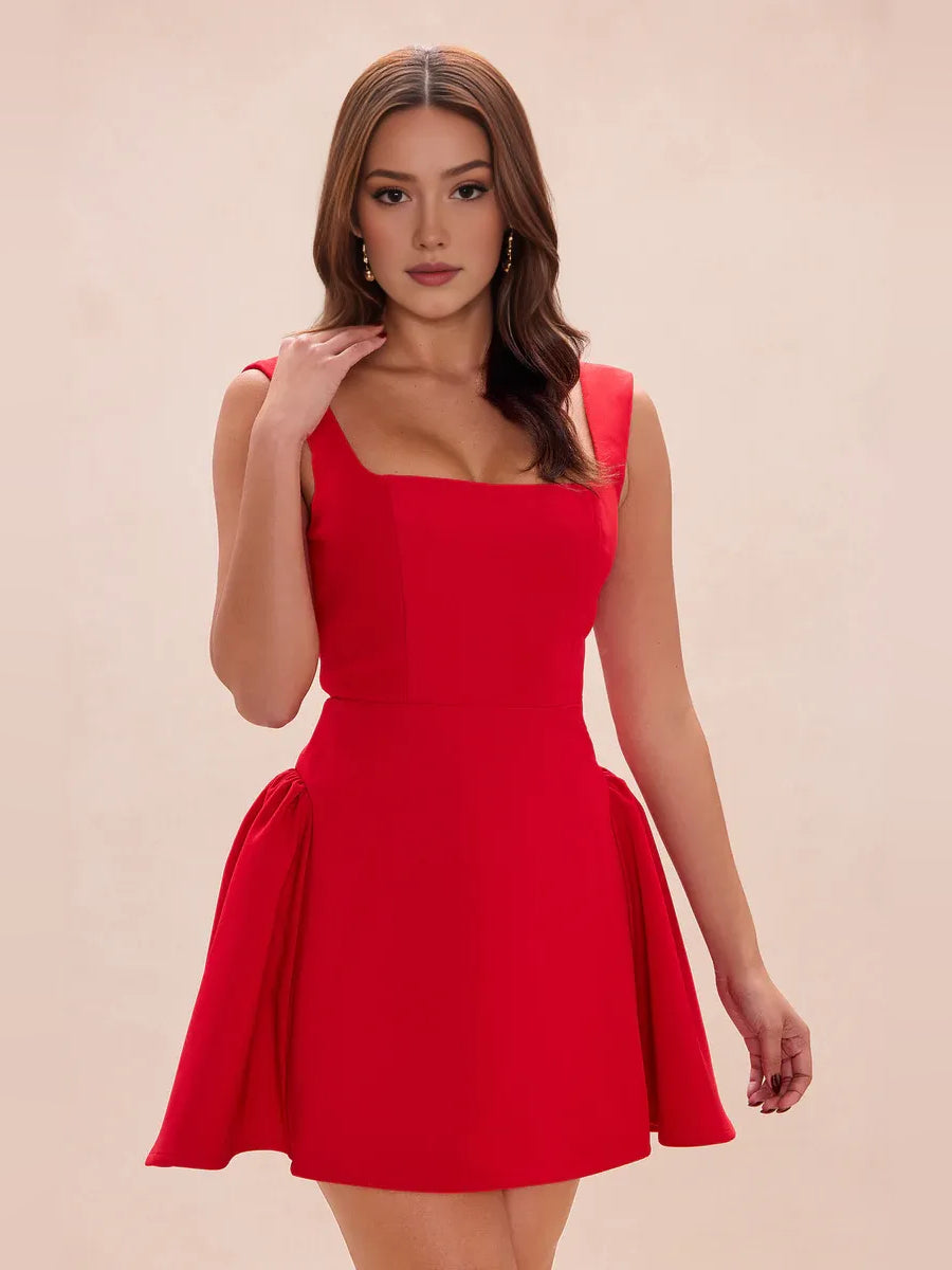 Red mini homecoming dress, alternate view showing the dress shape and hem