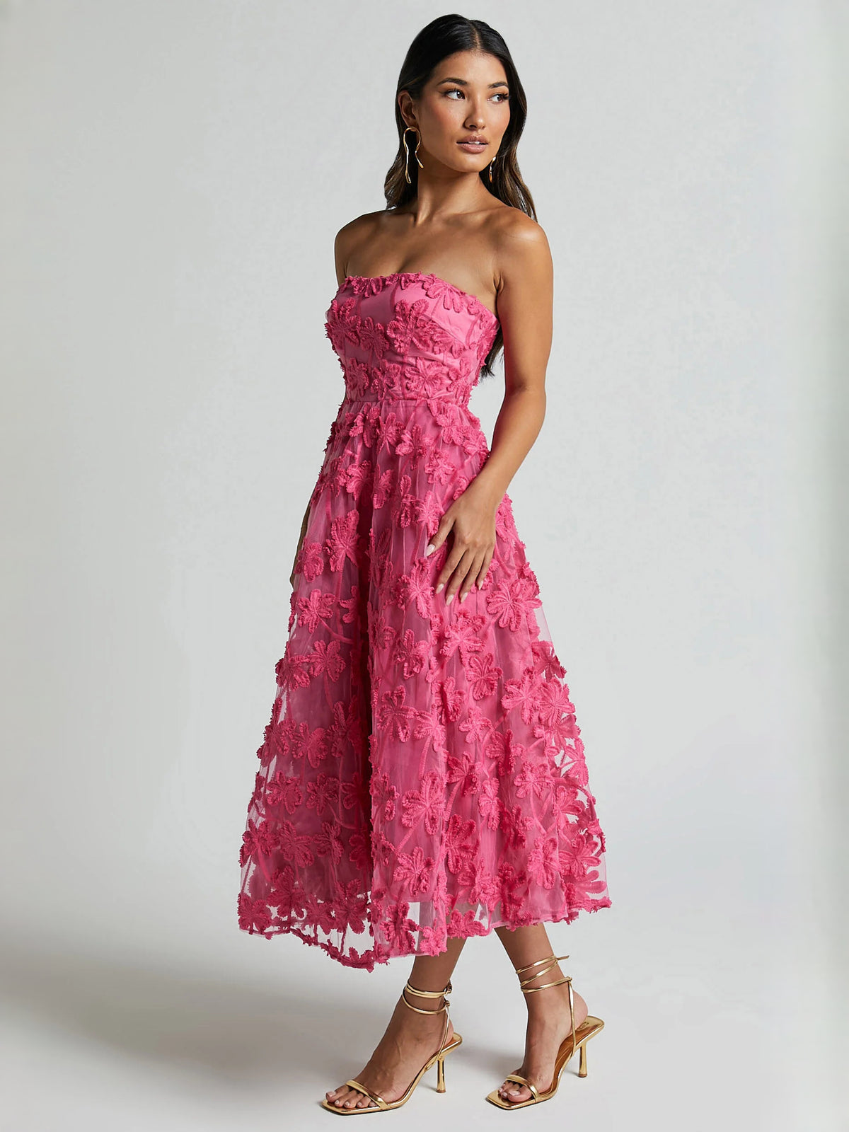 Pink midi formal dress with embroidery, alternate view showing the bodice