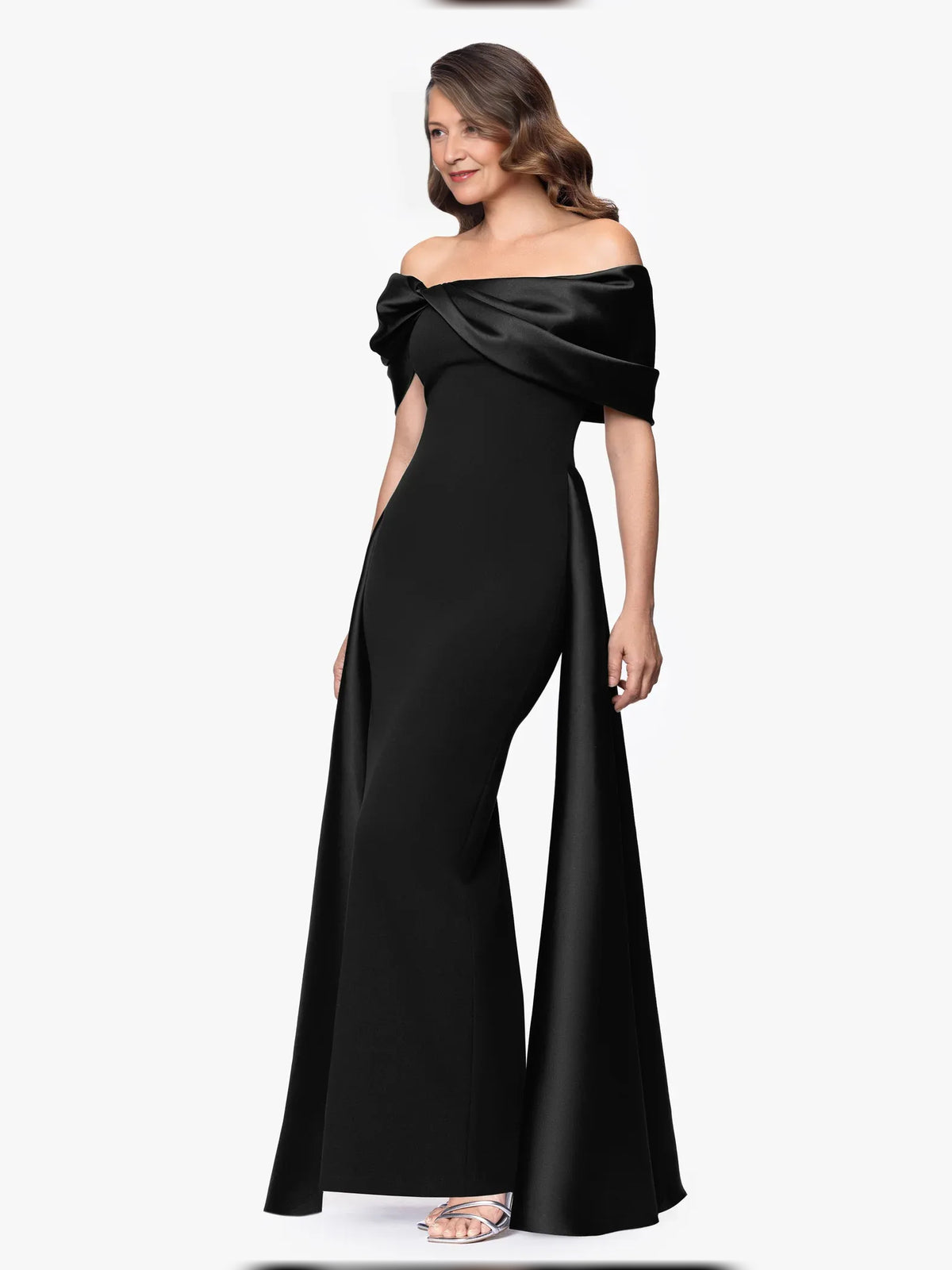 Black floor-length mother of the bride dress, alternate view showing the dress shape and hem