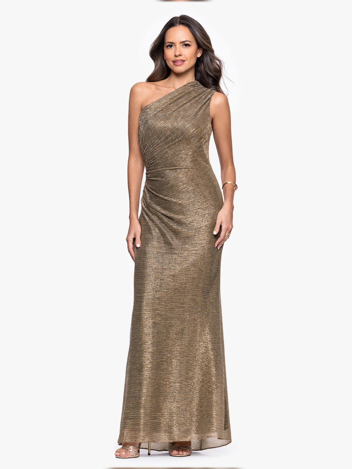 Gold maxi mother of the bride dress, alternate view showing the dress shape and hem