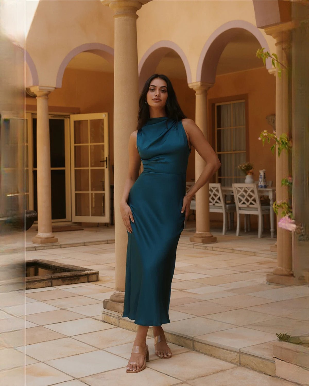 sleeveless satin a-line midi bridesmaid dress - image 3
