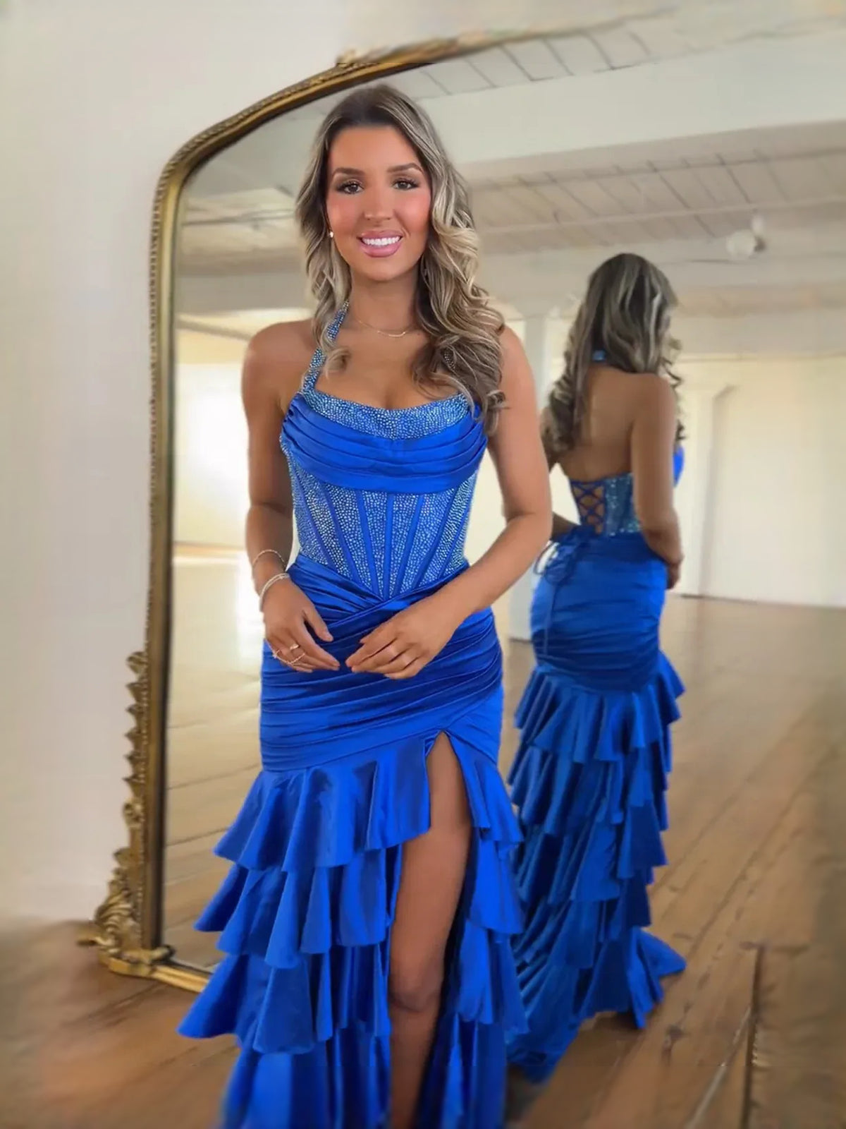 Cobalt Blue floor-length prom dress, alternate view showing the dress shape and hem