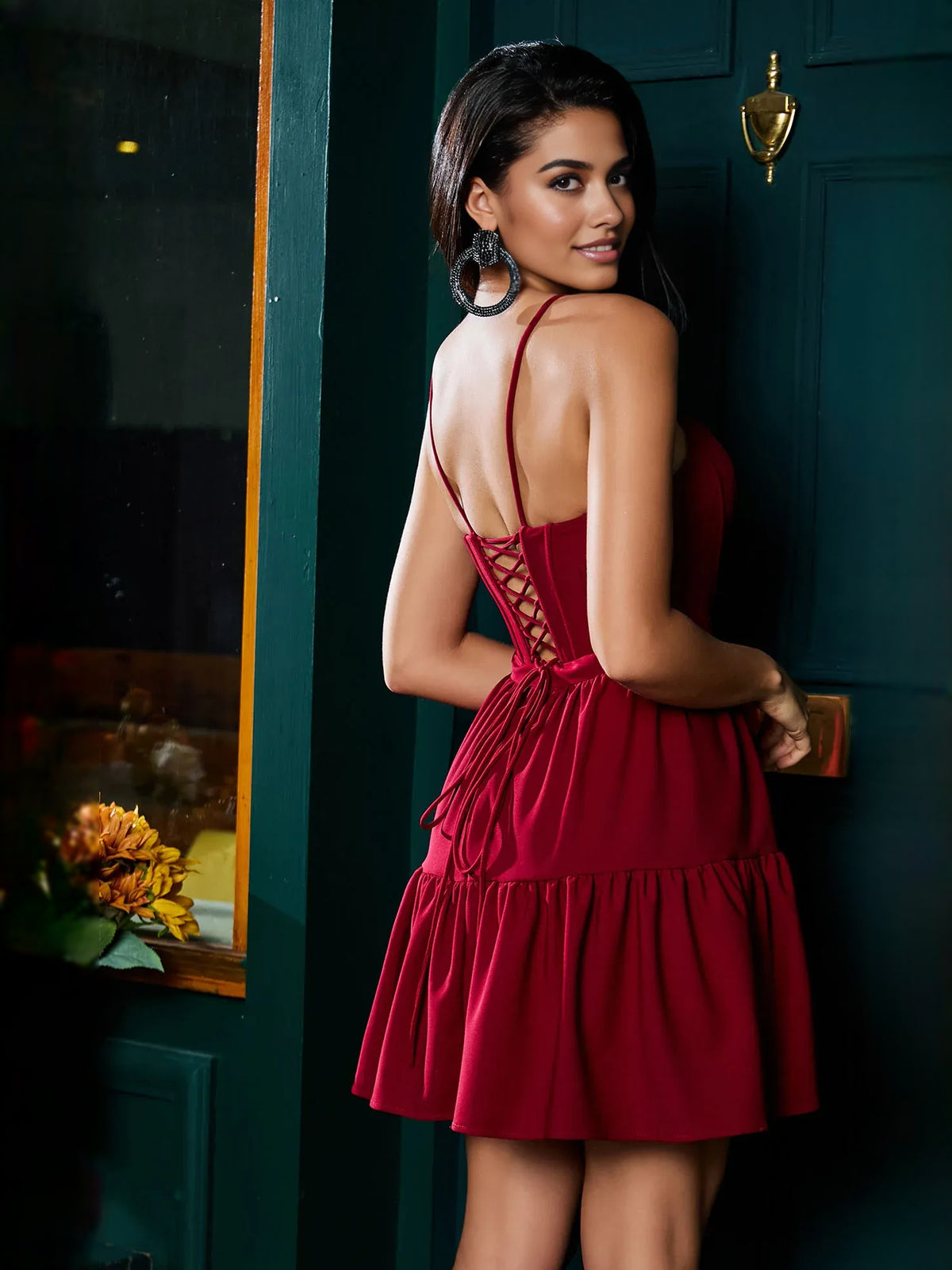 Burgundy mini prom dress, alternate view showing the dress shape and hem