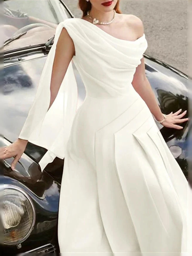 Ivory white knee-length bridesmaid dress, alternate view showing the dress shape and hem