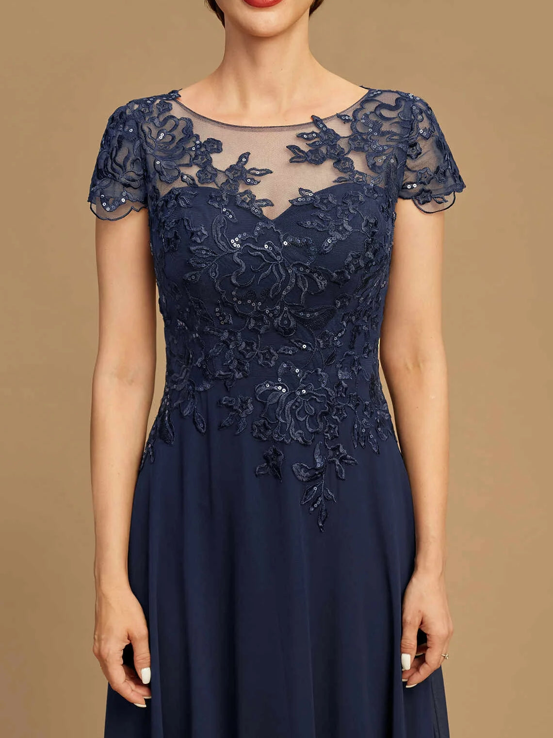 Dark Navy tea-length mother of the bride dress, alternate view showing the dress shape and hem