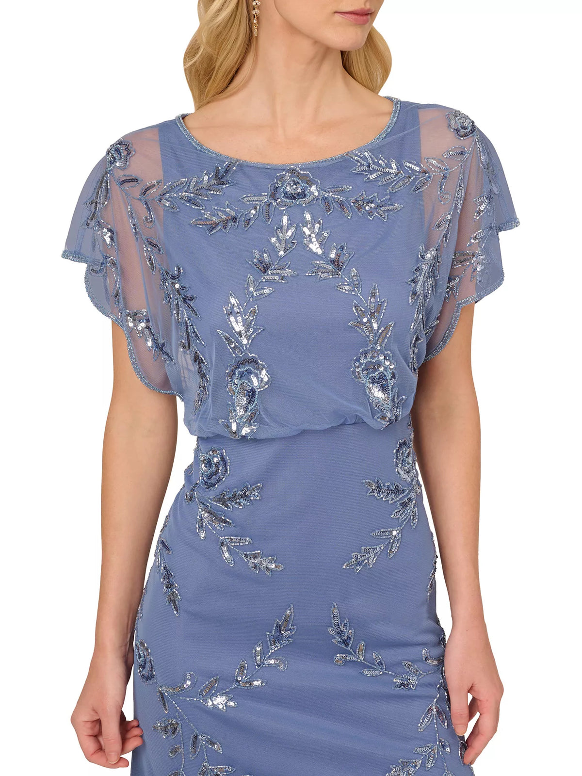 Dusty Blue maxi mother of the bride dress, alternate view showing the dress shape and hem