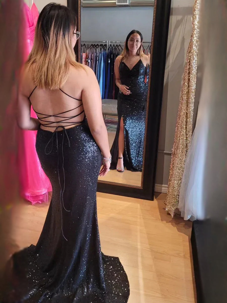 Black maxi prom dress, alternate view showing the dress shape and hem