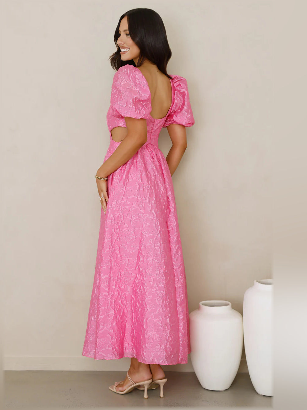 Fuchsia midi formal dress, alternate view showing the bodice