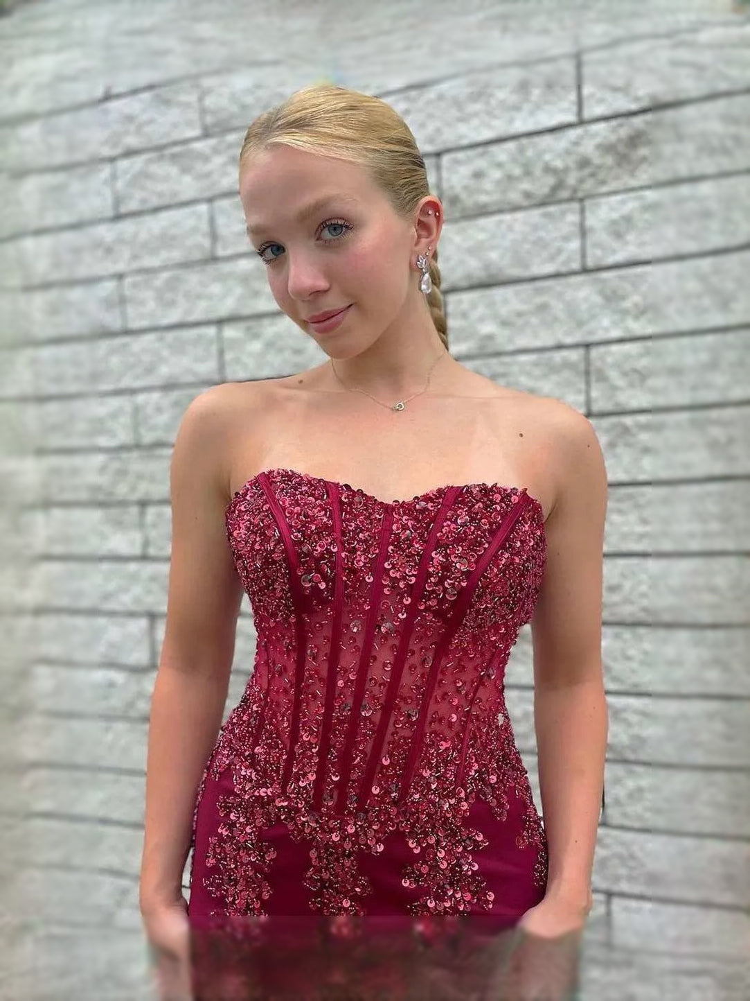 Burgundy maxi prom dress, back view showing the rear of the dress from another angle