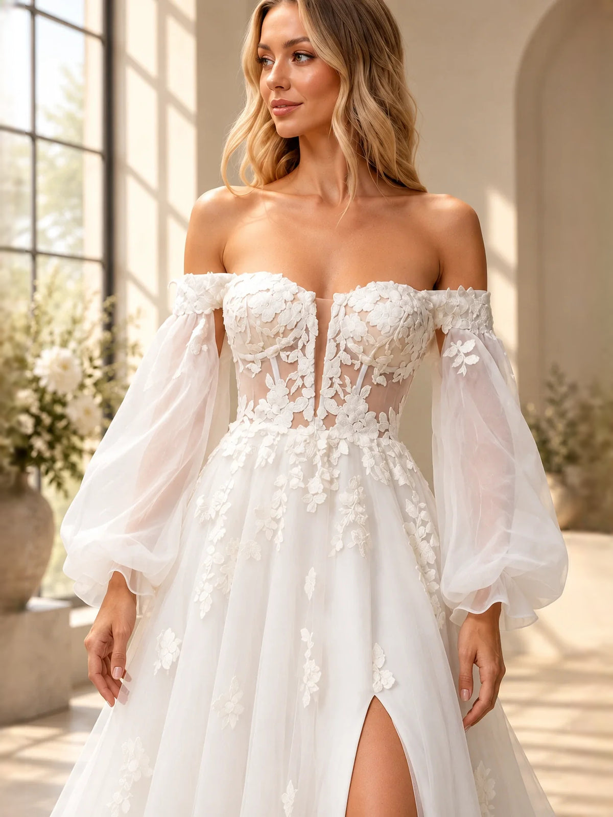 Ivory floor-length wedding dress, alternate view showing the dress shape and hem