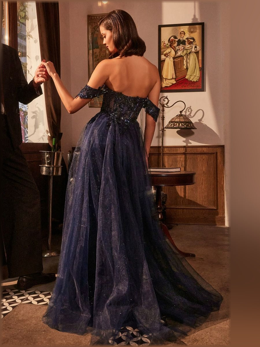 Mauve a-line floor-length formal dress with floral appliqué, alternate view