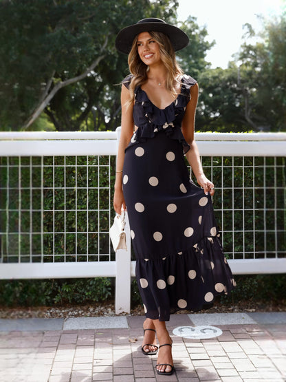 Black midi formal dress with printed pattern, alternate view showing the bodice