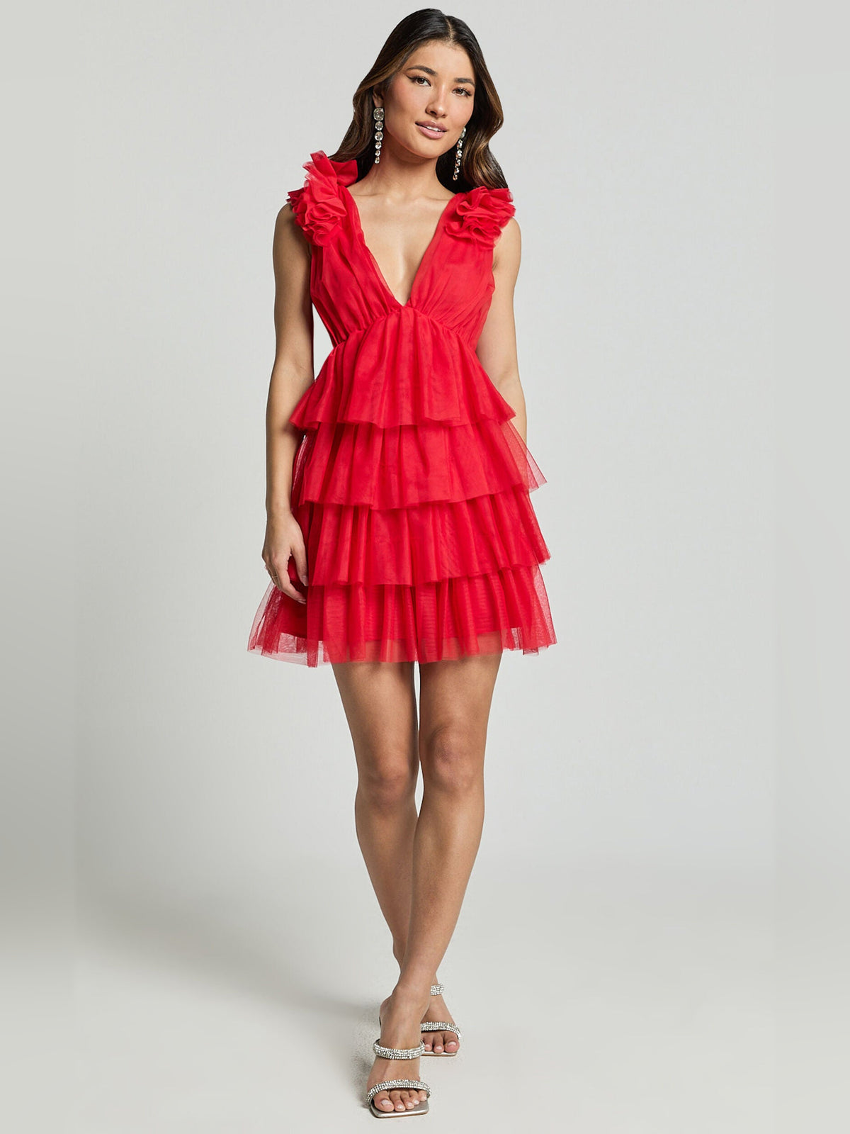 Red mini homecoming dress, alternate view showing the dress shape and hem