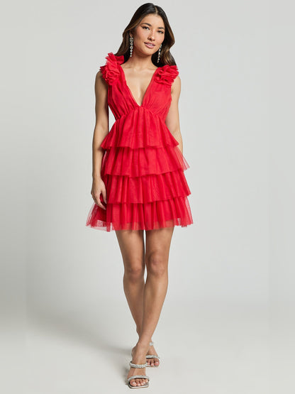 Red mini homecoming dress, alternate view showing the dress shape and hem